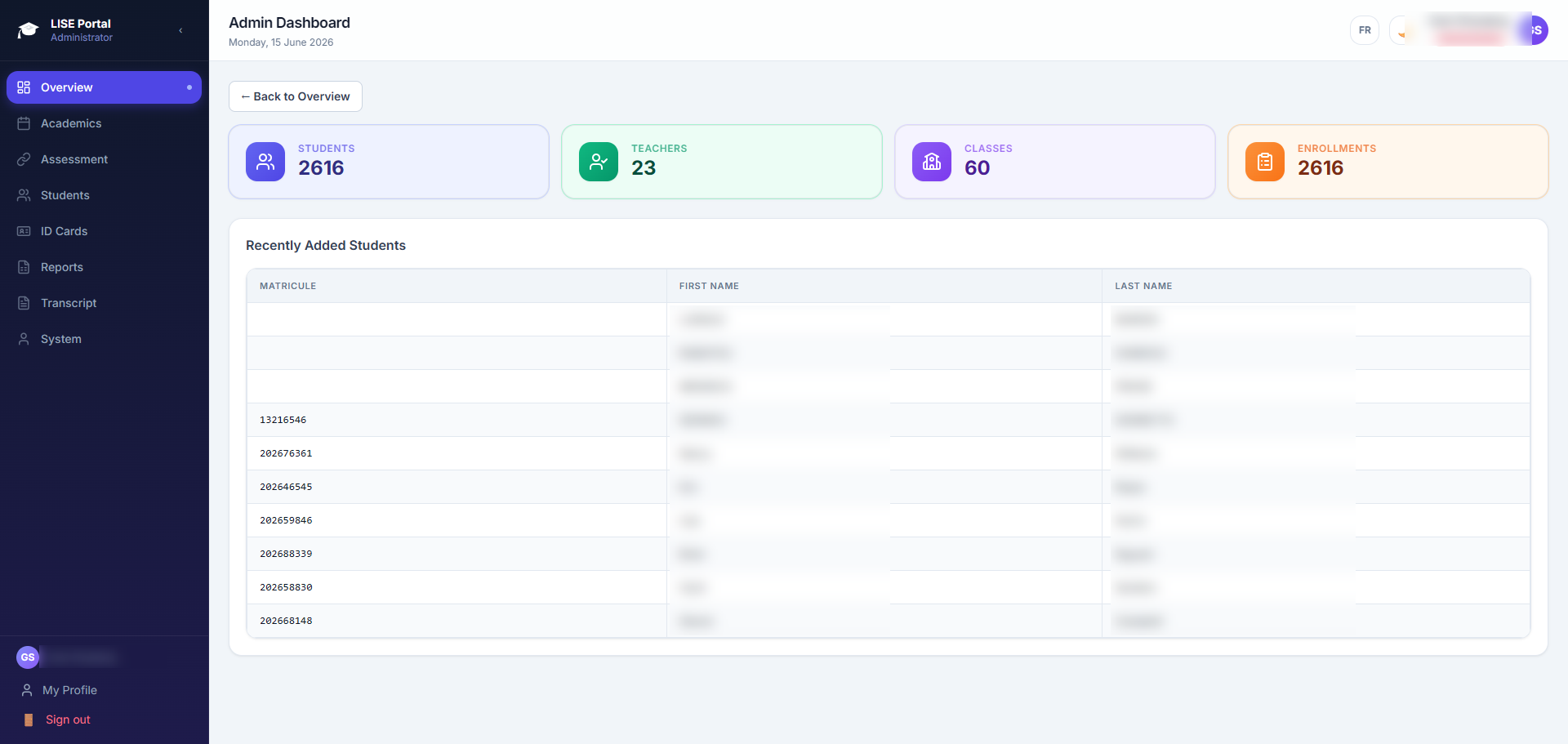 InScola admin dashboard