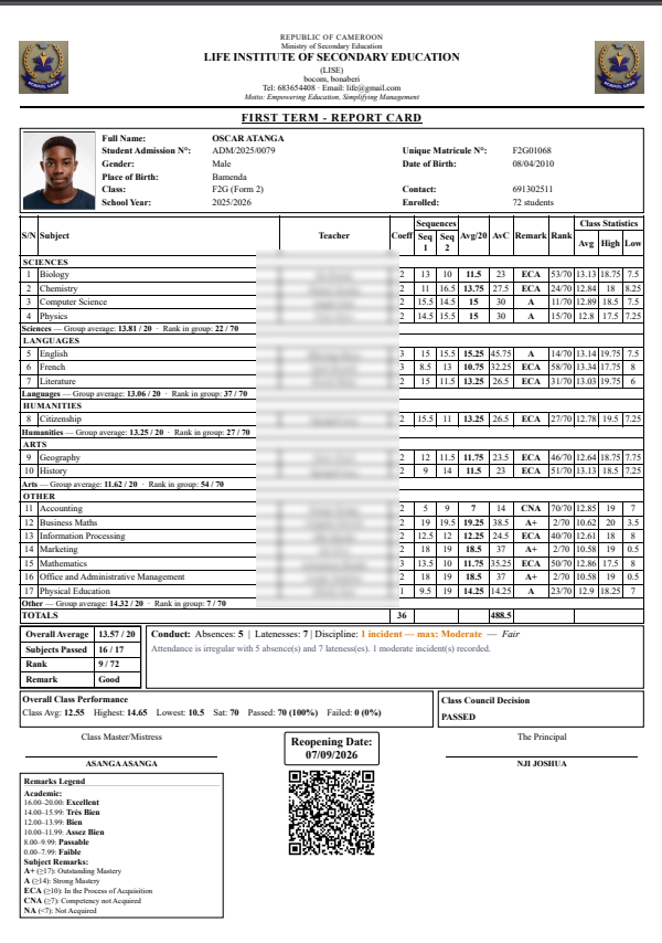 Generated report card